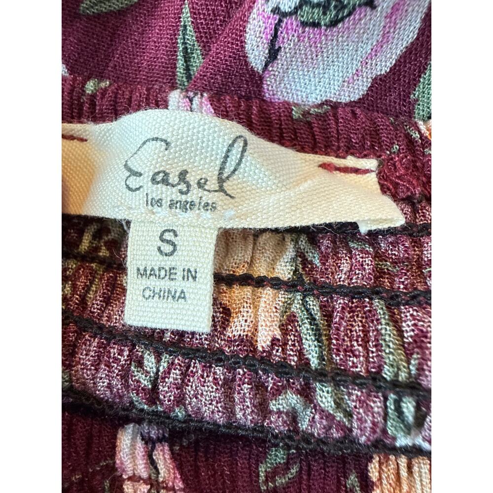 Easel Burgundy Floral Midi Maxi Prairie Dress Smocked Empire Waist Small - Picture 9 of 9